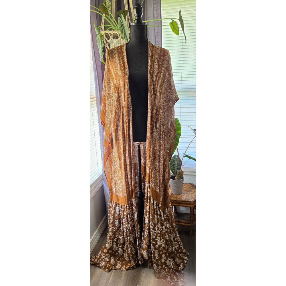 Boho Three Bird Nest Paisley Tapestry free flow duster kimono-Caramel/Rust